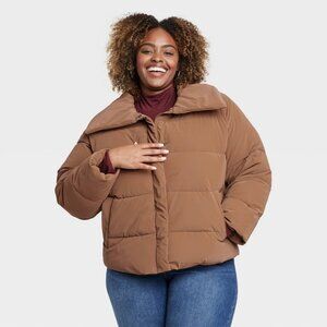 New! Women's Short Puffer Jacket - Ava & Viv - Taupe